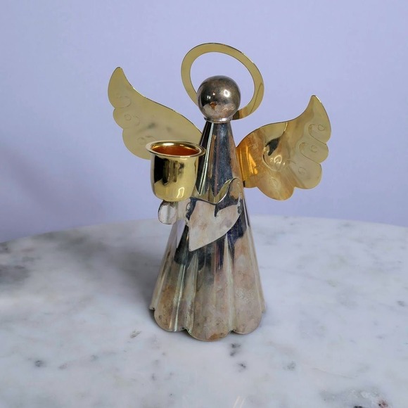 Silver Gold Plated Brass Angel Candle Holder Christmas Decor Retro Old Stock Vtg - Picture 2 of 5